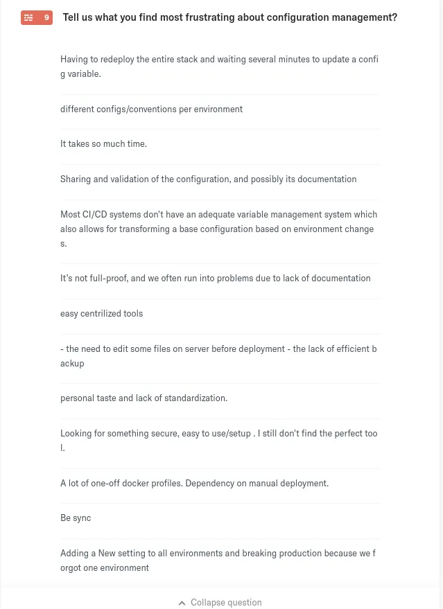 List of survey feedbacks about frustrating configuration management experiences