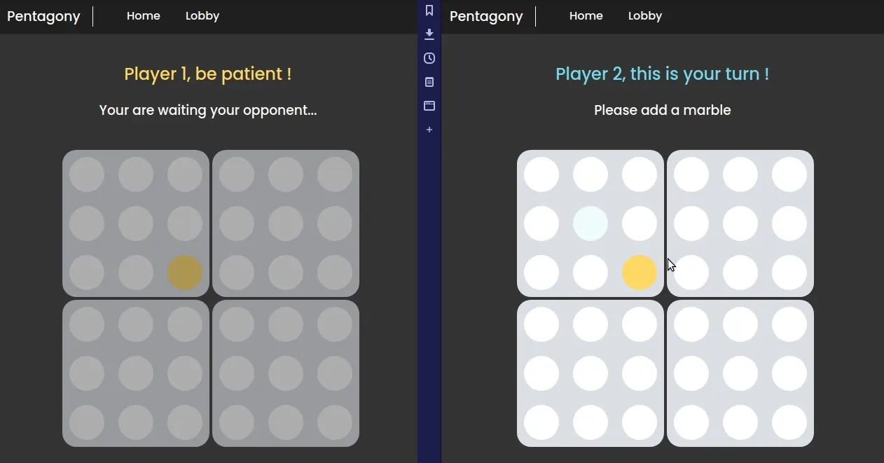 Démonstration d'une partie de pentago en Symfony