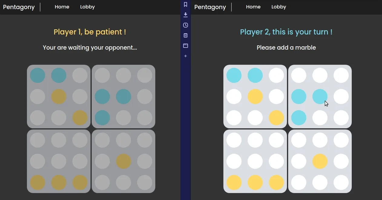 Démonstration d'une victoire au pentago en Symfony