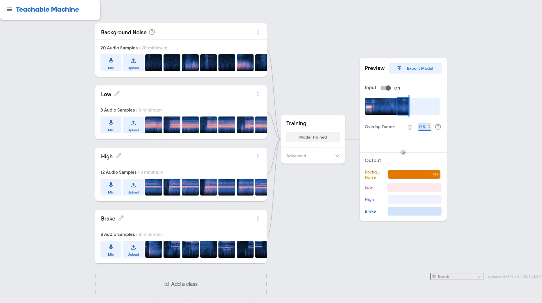 Screenshot of teachable machine