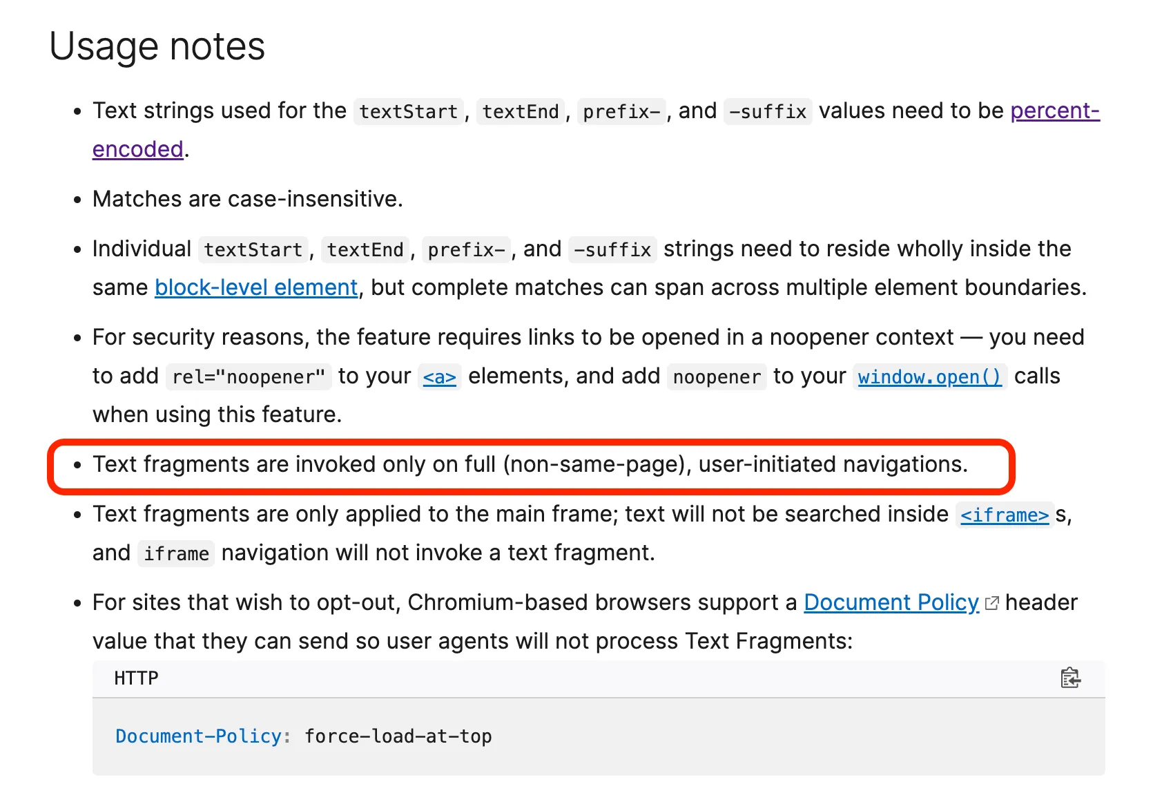 Text Fragments Limitations