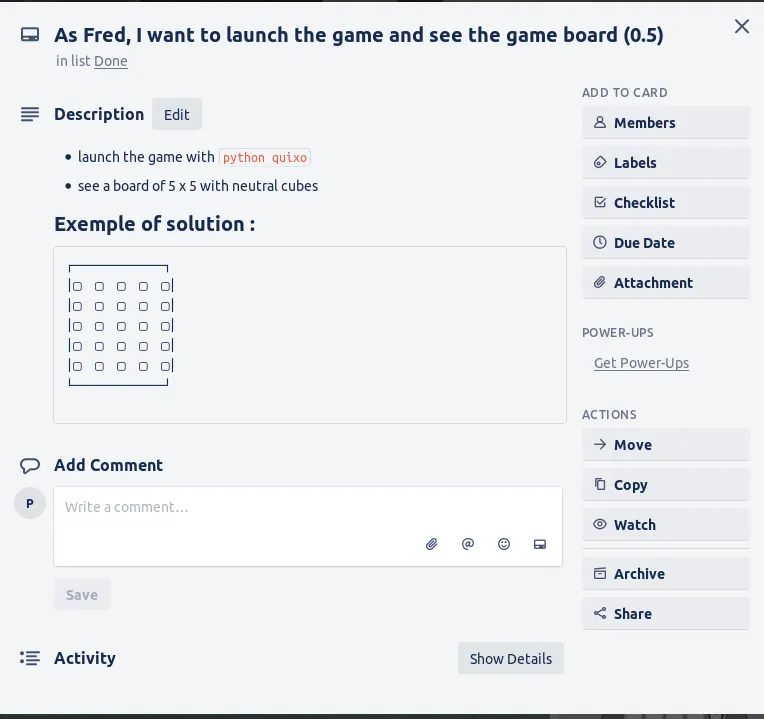 Première carte du projet Quixo sur trello