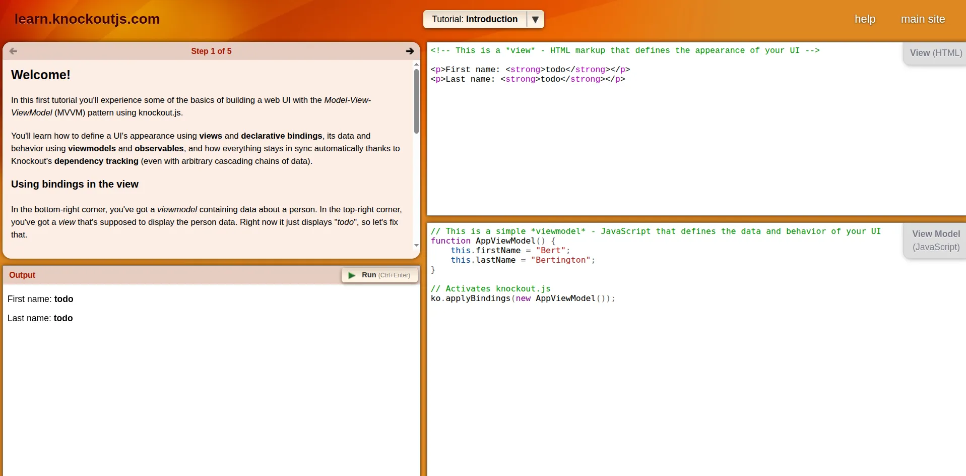 Tutoriel de knockoutjs montrant 4 zones : Les instructions, le résultat, le code de la vue et le code du modèle