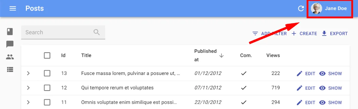 User name and avatar