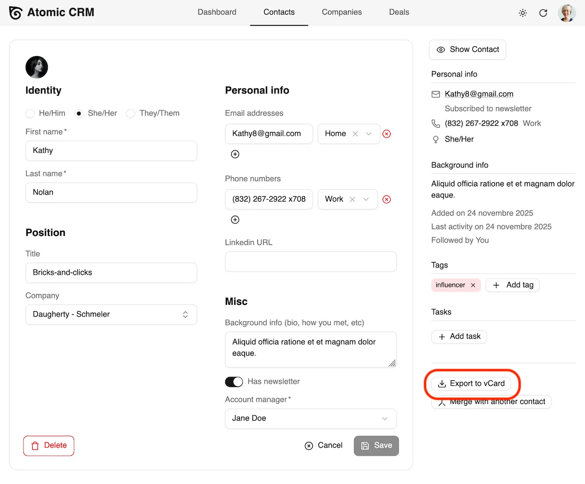 Export to vCard Button