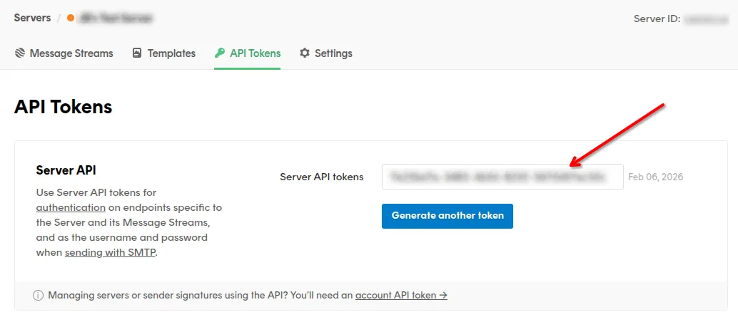 Copy Server API token in Postmark