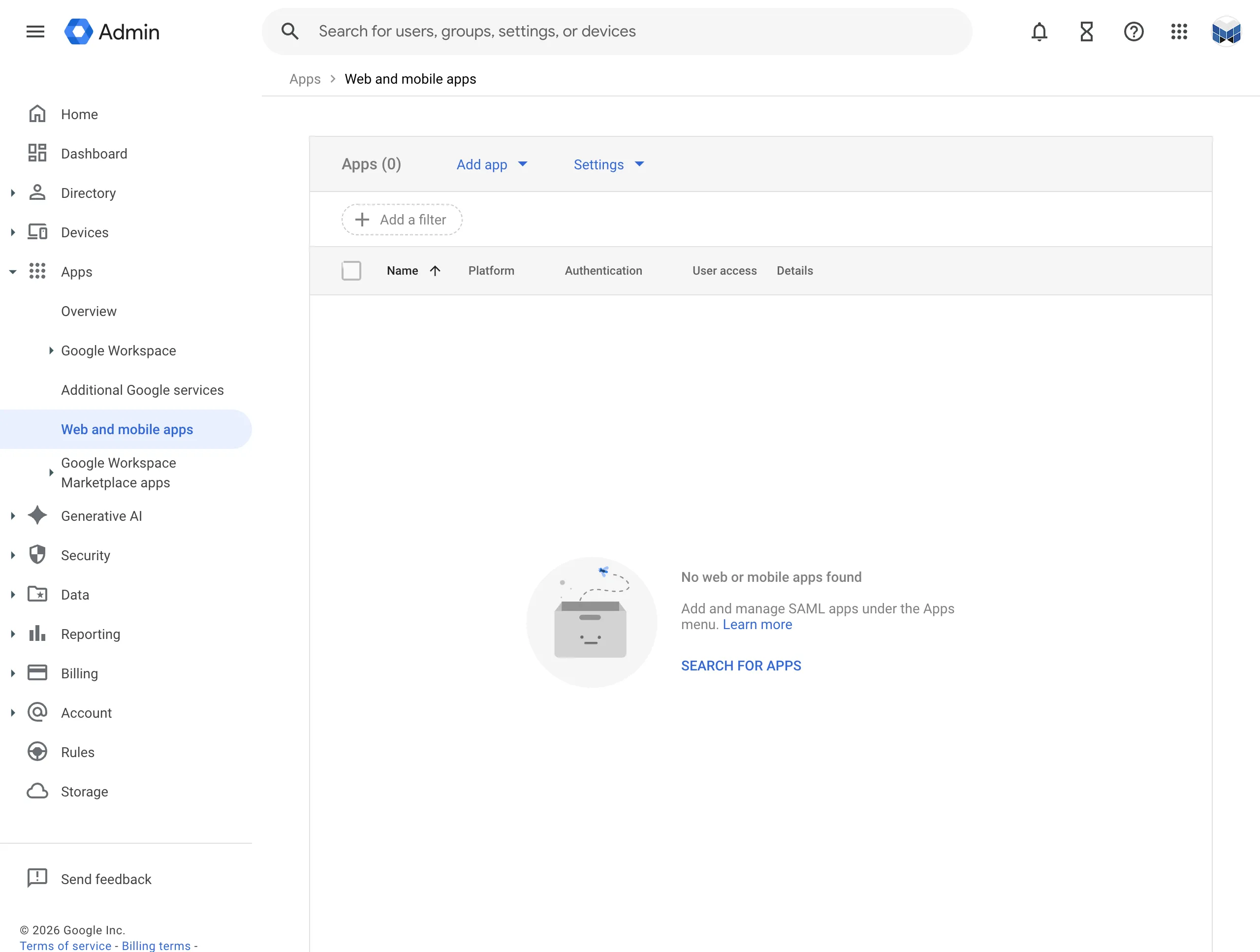 Google Workplace Console Web and mobile apps