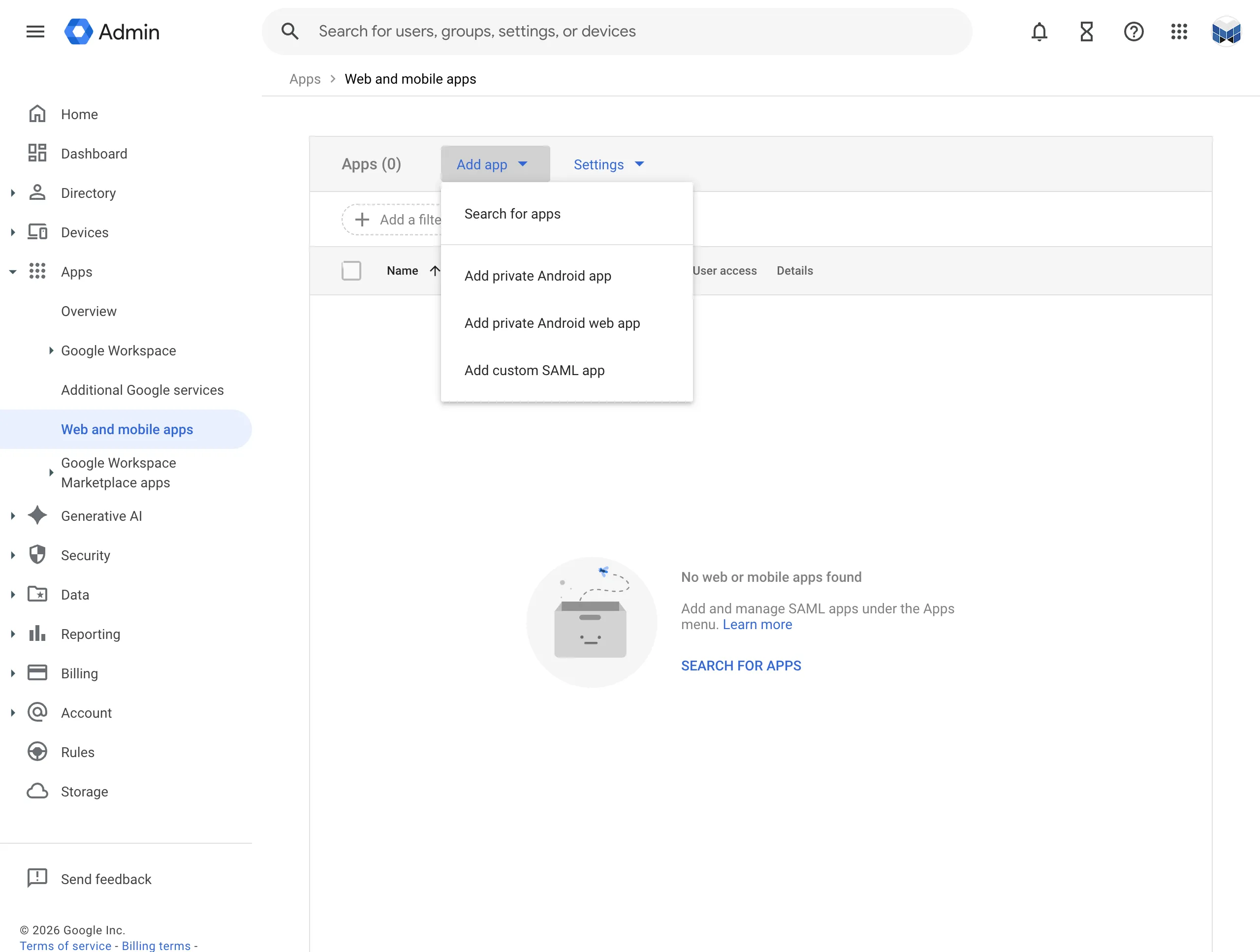 Web and mobile apps menu
