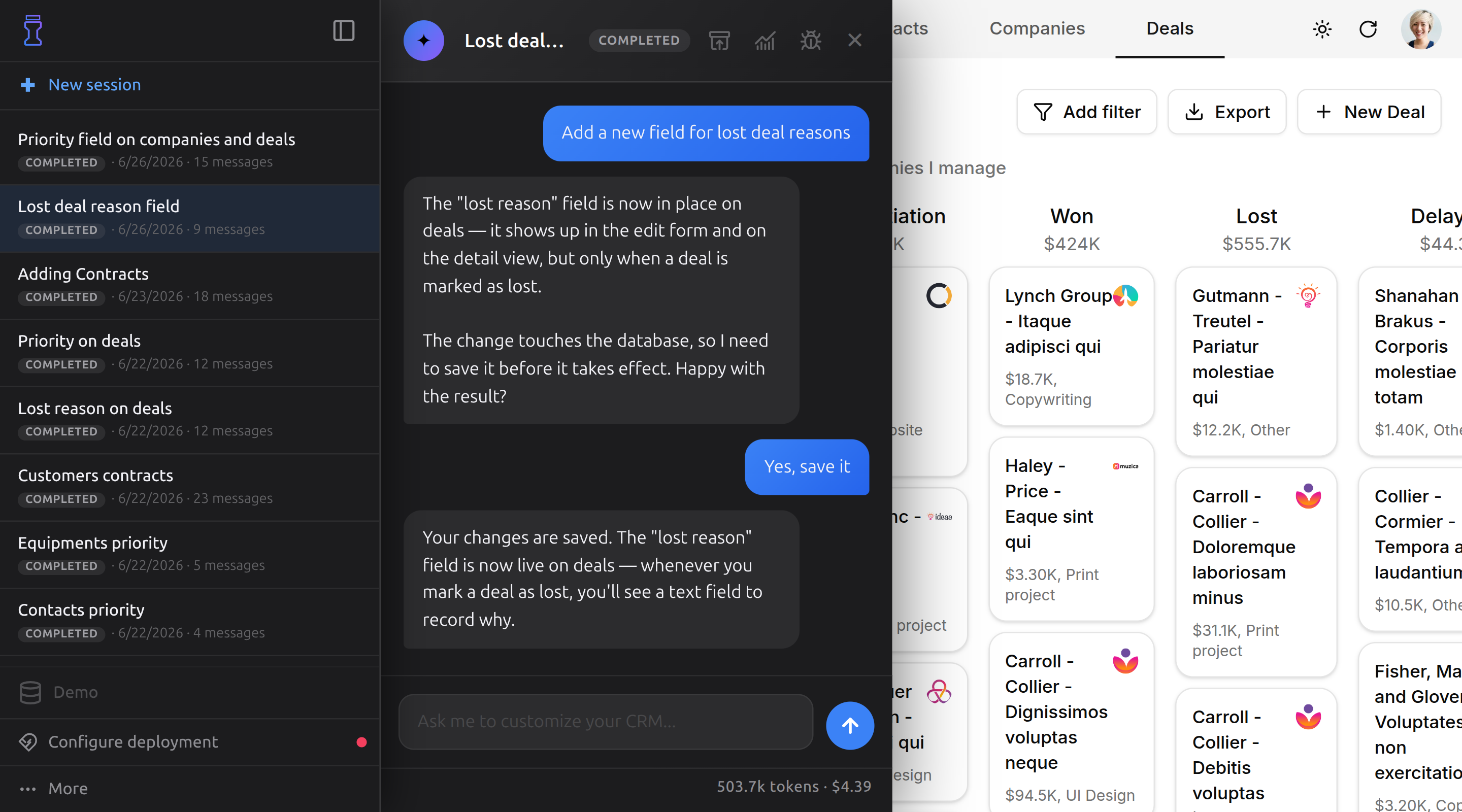 CRM Builder: a chat to customize the CRM, next to the AI agents working on the requested changes