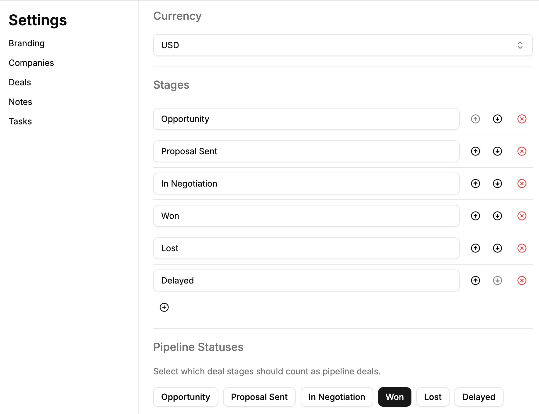 Settings page: currency, deal stages and pipeline statuses