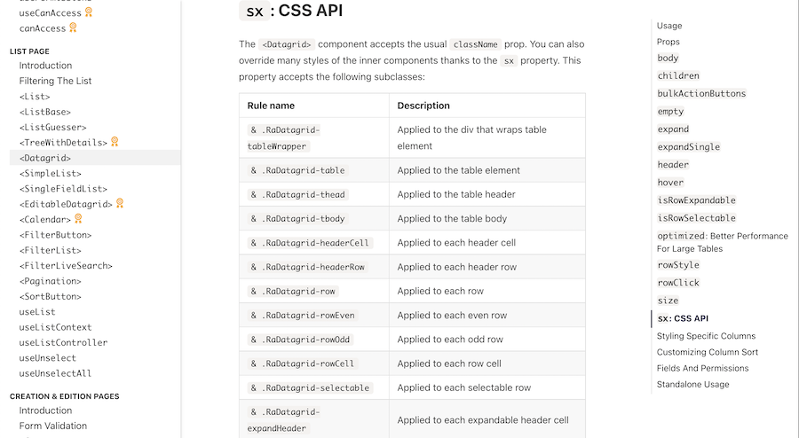 DataTable CSS documentation