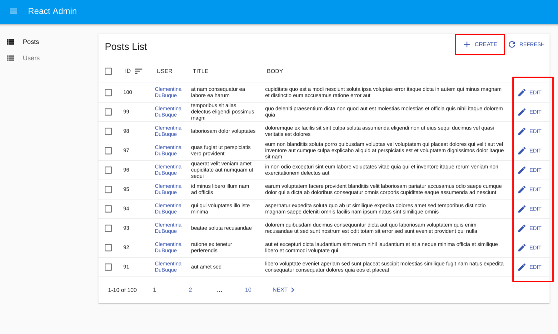 post list with access to edit and create