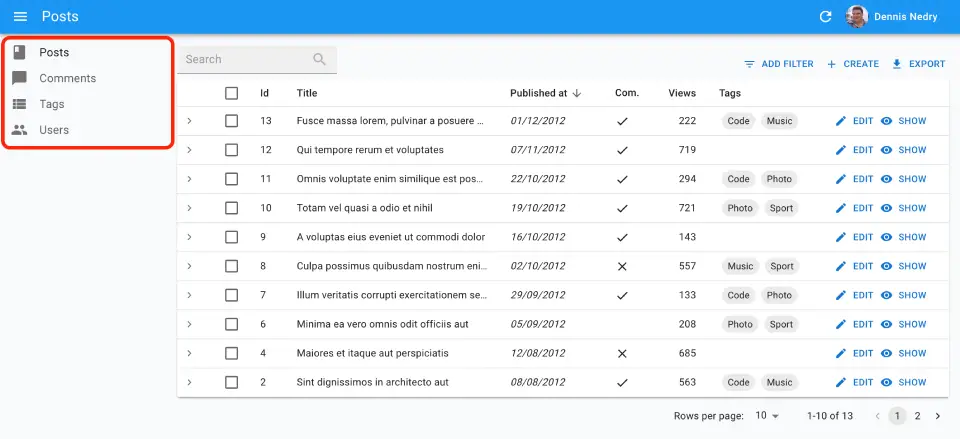 React admin The Menu Component