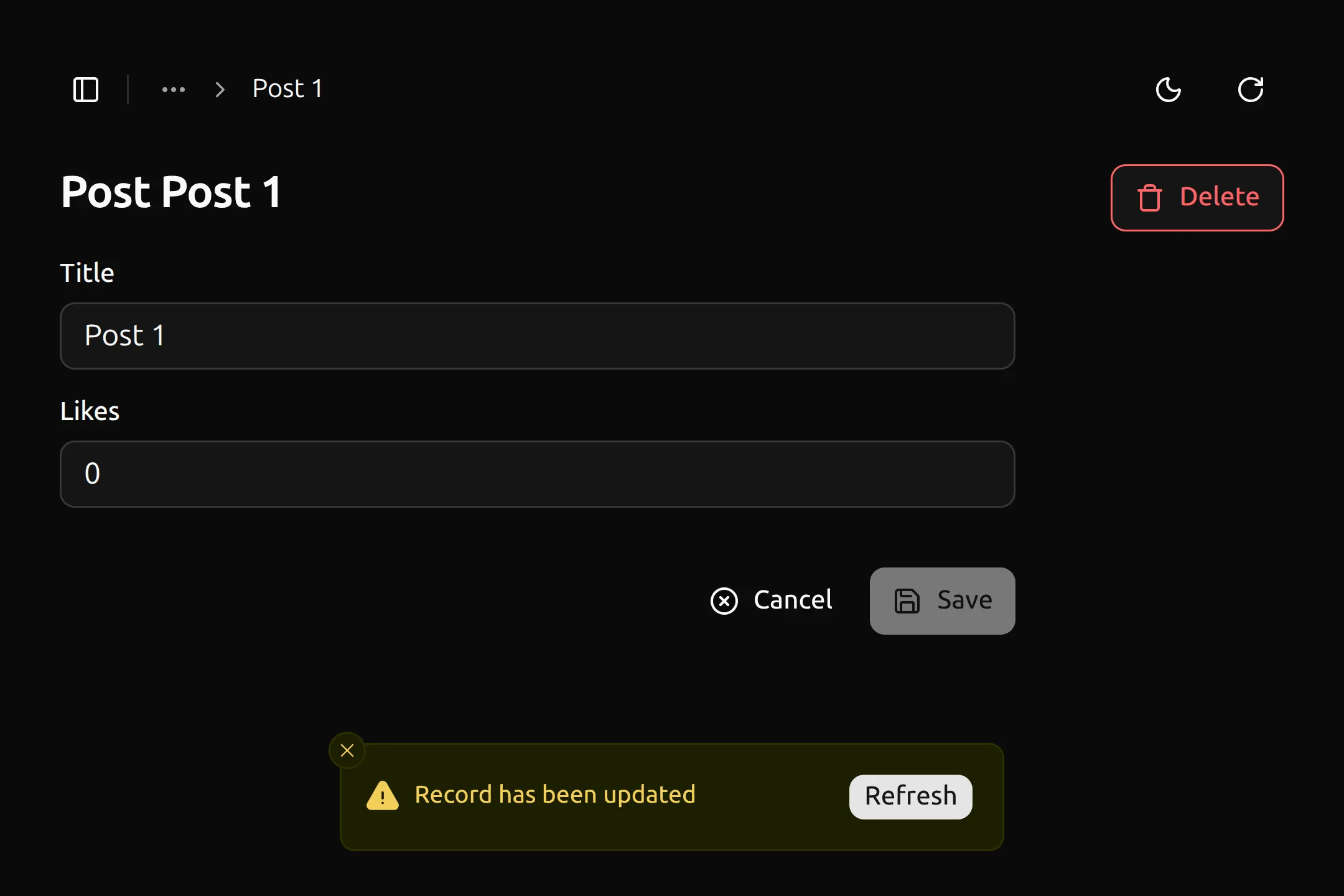 A notification alerting users that the record has changed inside an edit view