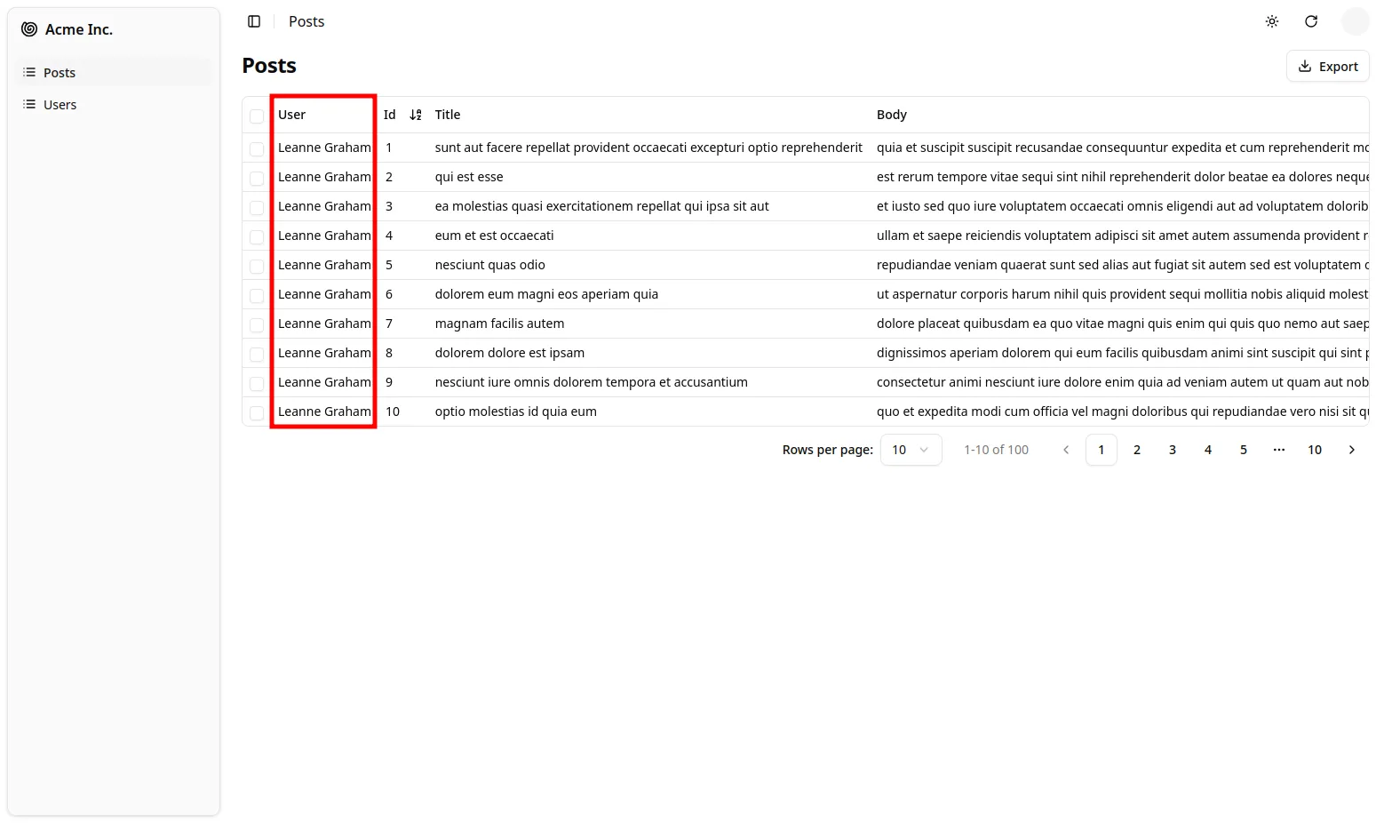 Post list with user names