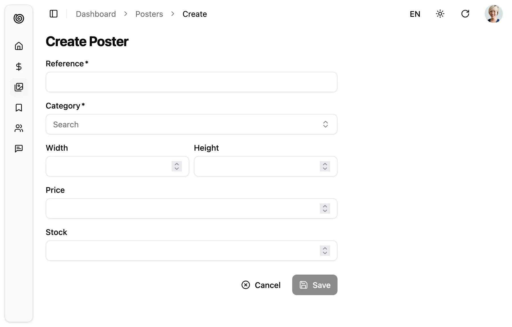 product creation form