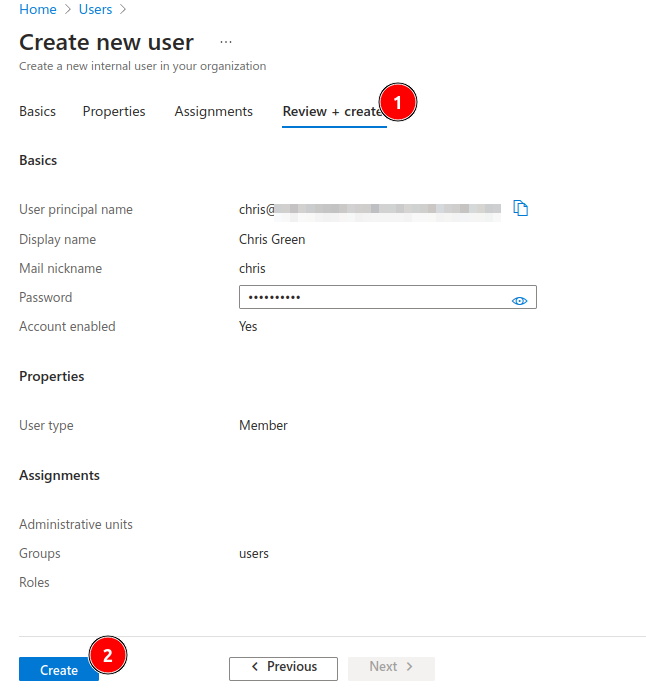Azure Active Directory review and create user