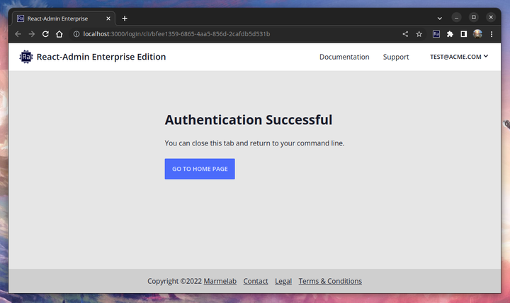 Successful authentication page