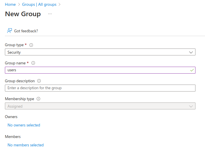 Azure Active Directory create group screenshot