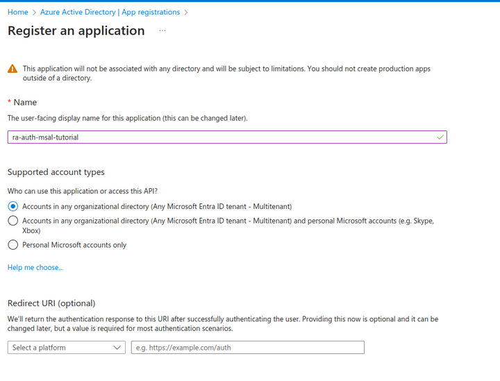 Azure Active Directory create application screenshot