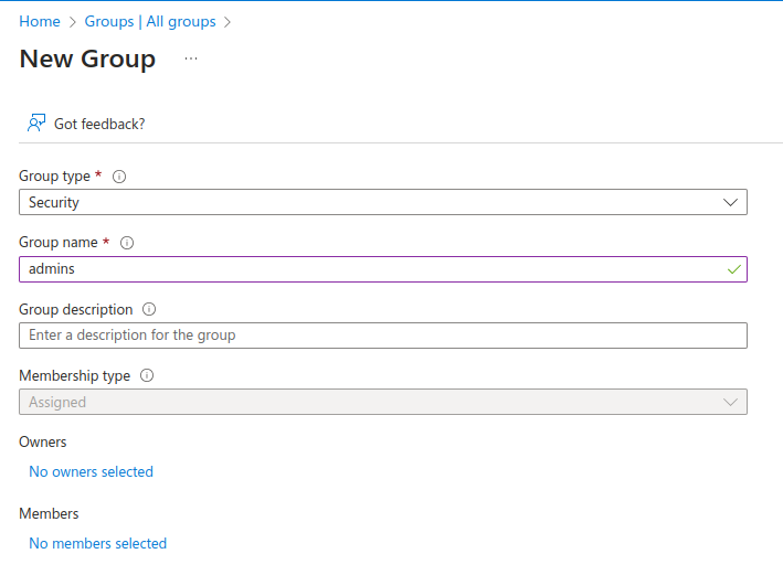 Azure Active Directory create group screenshot