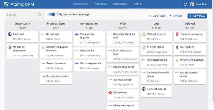 Atomic CRM Deals board