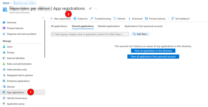Azure Active Directory new registration menu screenshot