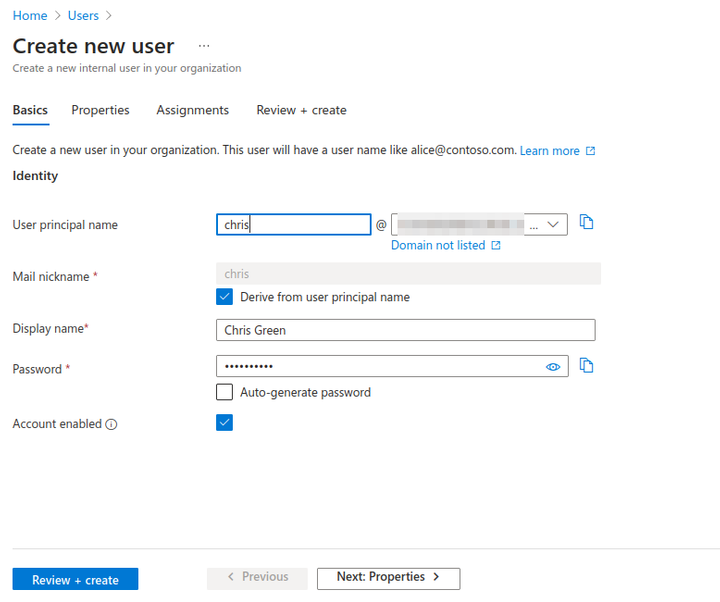 Azure Active Directory create user