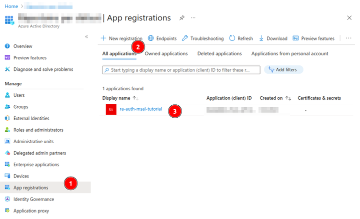 Azure Active Directory search for app registration screenshot
